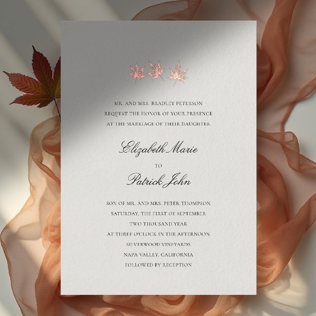 Invitation En Aluminium Feuilles d'automne Formel Moderne Classique Crème  (fall leaves wedding invitation formal modern classic black tie autumn botanical gold foil ecru)