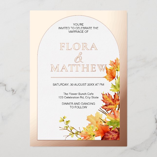 Invitation En Aluminium Feuilles d'automne Gold Boho Classic | Mariage mod (Recto)