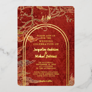 Invitation En Aluminium Feuilles de automne élégantes Rouge Or Feuille Mod