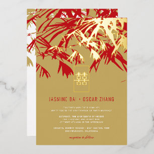 Invitation En Aluminium Feuilles de bambou double Xi or et rouge Mariage c