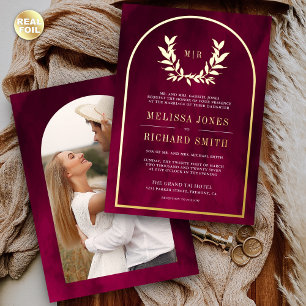 Invitation En Aluminium Feuilles de Laurier en Fuschia Magenta Mariage Or