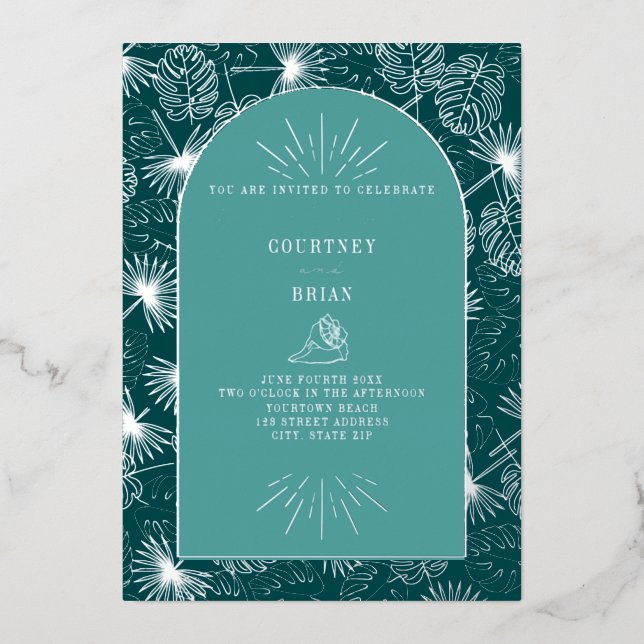 Invitation En Aluminium Feuilles de palmier Coquillage Bleu turquoise Mari (Recto)