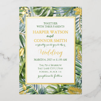 Invitation En Aluminium Feuilles de verdure en feuille d'or mariage simple
