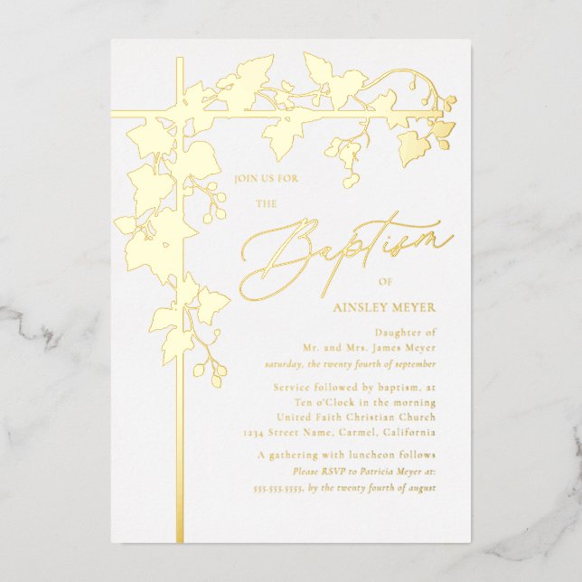 Invitation En Aluminium Feuilles de Vigne Or Botanique Baptême (Recto)