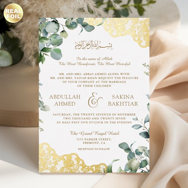Invitation En Aluminium Feuilles d'eucalyptus Lace dorée Code QR Mariage M (Créateur téléchargé)