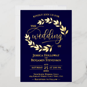 Invitation En Aluminium Feuilles d'or élégantes sur mariage de classe bleu