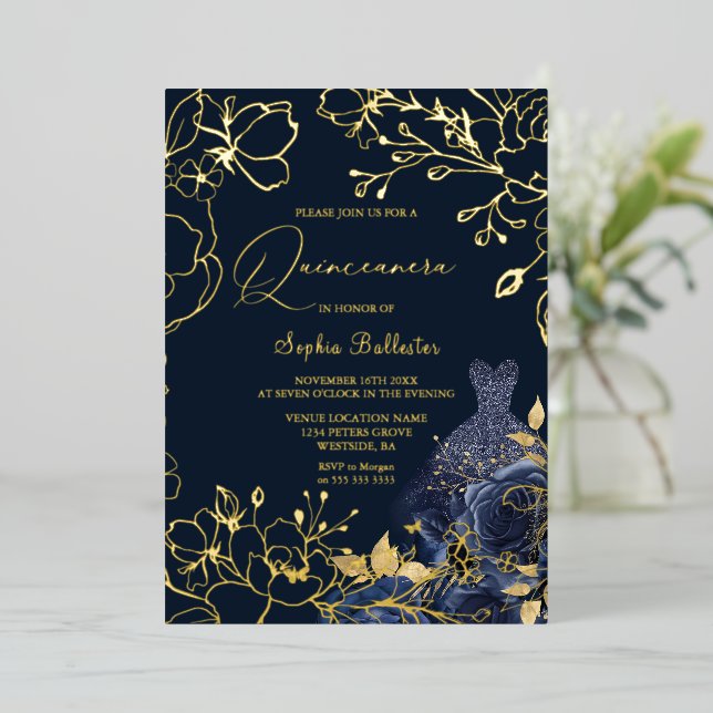 Invitation En Aluminium Feuilles d'or Quinceanera de la Marine profonde Fl (Debout devant)
