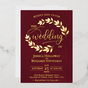 Invitation En Aluminium Feuilles dorées élégantes sur mariage classe borde