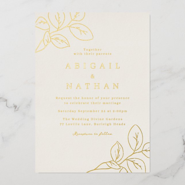 Invitation En Aluminium Feuilles Gold Foil et Mariage beige (Recto)