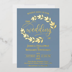 Invitation En Aluminium Feuilles or élégant sur Dusty Blue Classy Mariage
