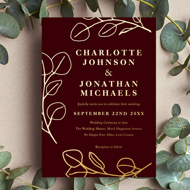 Invitation En Aluminium Feuilles Simples Modernes Bordeaux et Or (Elegant Simple eucalyptus leave line art burgundy and gold foil invitation)
