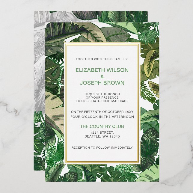 Invitation En Aluminium feuilles tropicales or  verdure botanique mariage  (Recto/Verso)