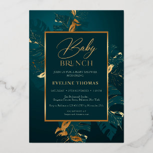 Invitation En Aluminium Feuilles vertes de forêt et bébé brunch en feuille