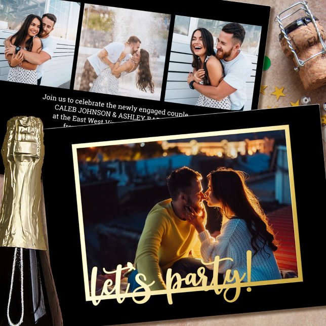 Invitation En Aluminium Fiançailles Faisons la fête Script 4 Photo Black G (Créateur téléchargé)