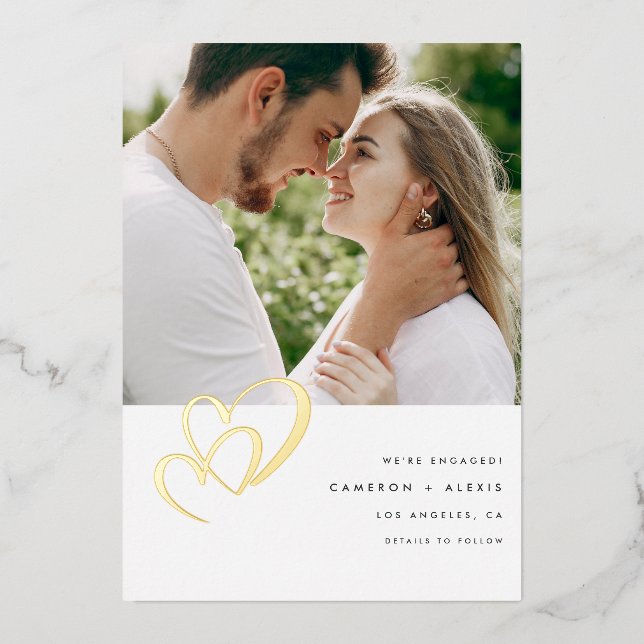 Invitation En Aluminium Fiançailles photo moderne Gold Foil Double Coeur (Recto)