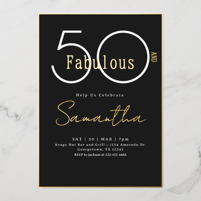 Invitation En Aluminium Fifty and Fabulous Black & Gold 50th Birthday (Recto)