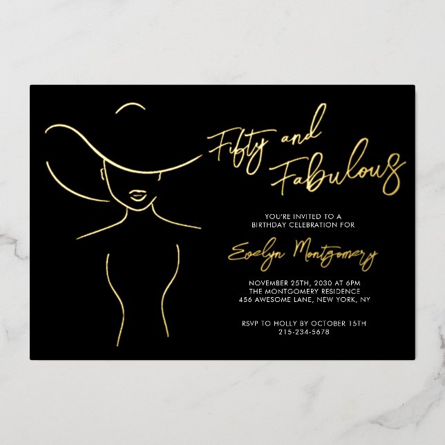 Invitation En Aluminium Fifty and Fabulous Foil Line Art Birthday Party  (Recto)