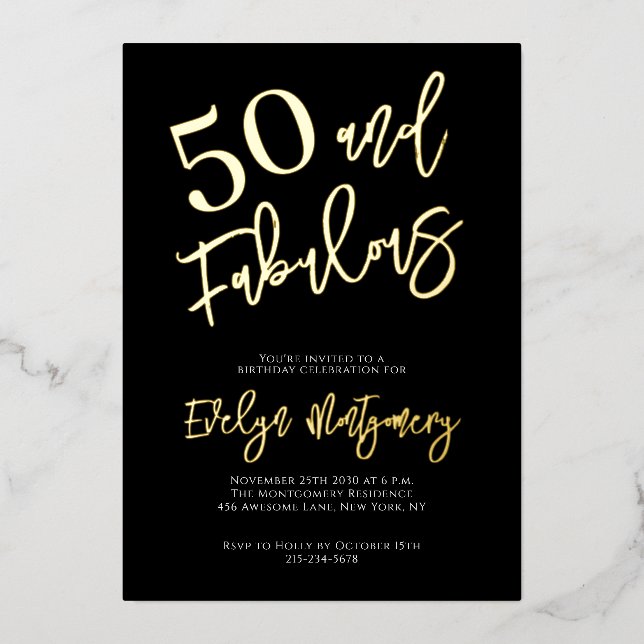 Invitation En Aluminium Fifty and Fabulous Gold Black 50th Birthday Party  (Recto)