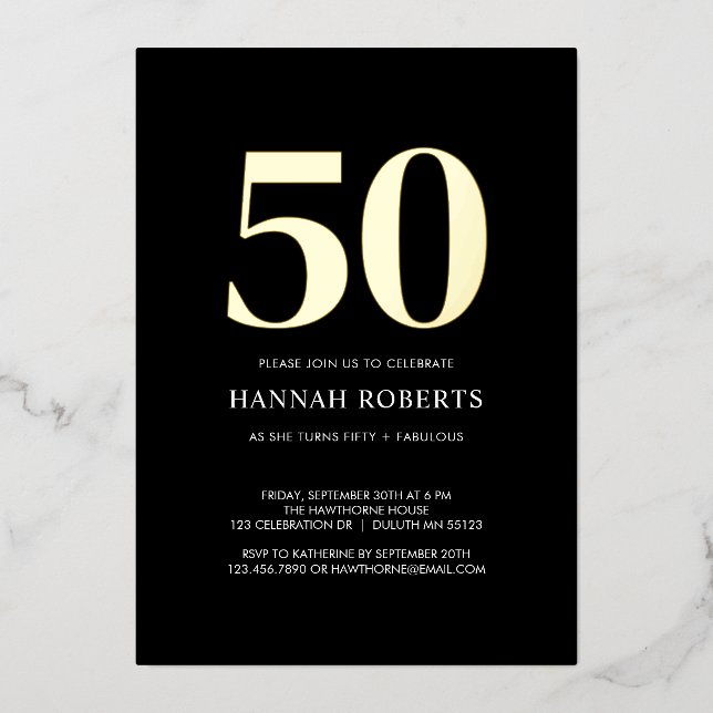 Invitation En Aluminium Fifty and Fabulous Gold Black 50th Birthday Party (Recto)