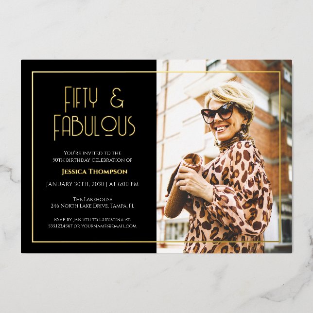 Invitation En Aluminium Fifty and Fabulous Gold Text Photo 50th Birthday (Recto)