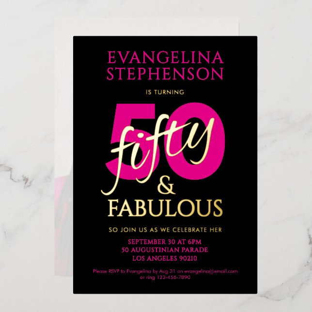 Invitation En Aluminium Fifty Fabulous Black Pink Gold 50th Birthday Photo (Recto/Verso)