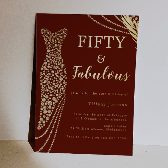 Invitation En Aluminium Fifty & Fabulous Burgundy & Gold 50th Birthday  (Créateur téléchargé)