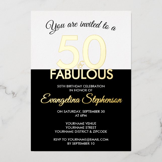 Invitation En Aluminium Fifty Fabulous Modern Black Gold 50th Birthday  (Recto)