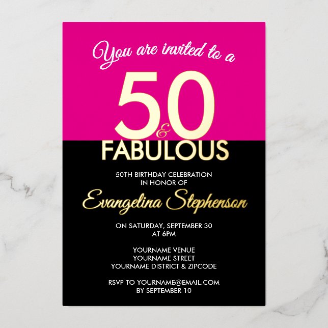Invitation En Aluminium Fifty Fabulous Modern Black Pink 50th Birthday  (Recto)