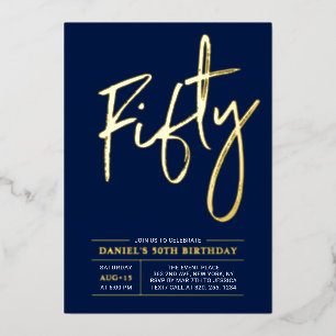 Invitation En Aluminium Fifty Modern Gold Navy 50th Birthday Party