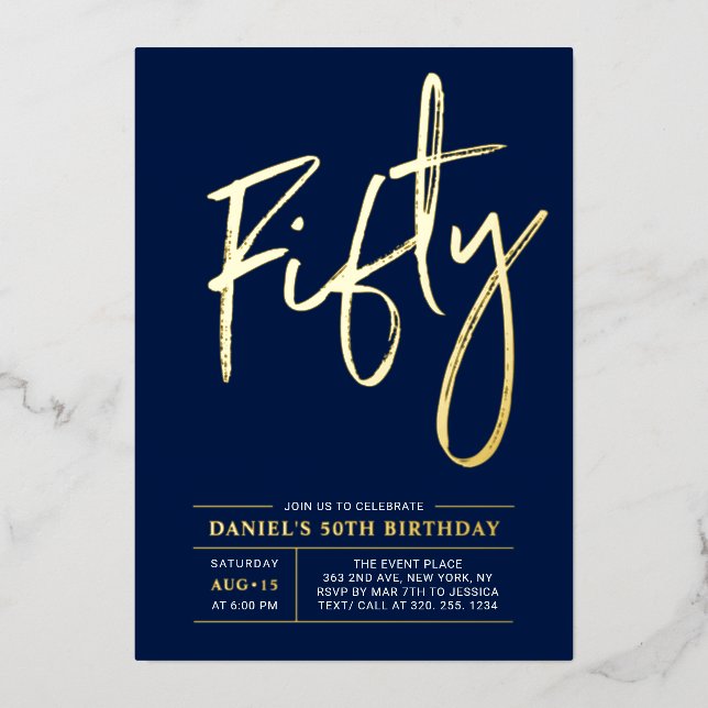 Invitation En Aluminium Fifty | Modern Gold Navy 50th Birthday Party (Recto)