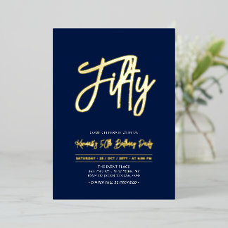 Invitation En Aluminium Fifty | Navy Chic Script 50th Birthday Party