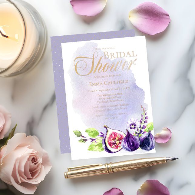Invitation En Aluminium Figes Boho Purple Lavender Fête des mariées floral (Boho Figs and Floral Purple and Lavender Bridal Shower Gold Foil Invitation)