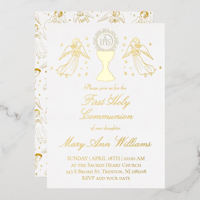 Invitation En Aluminium Fille catholique de première communion design d'an (Recto/Verso)