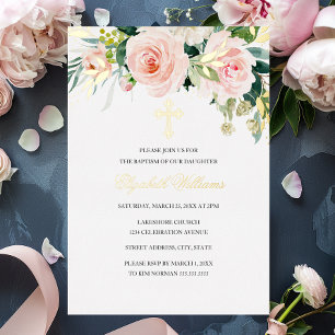 Invitation En Aluminium Fille de baptême floral aquarelle rose pâle
