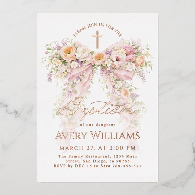 Invitation En Aluminium Fille de l'arc floral Bloom Baptême (Recto)