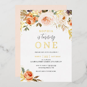 Invitation En Aluminium Fille Fleur Orange Or Doré 1er Anniversaire