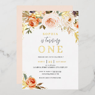 Invitation En Aluminium Fille Fleur Orange Pêche Dorée 1er Anniversaire