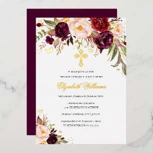 Invitation En Aluminium Fille florale de baptême à l'aquarelle or Bourgogn