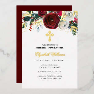 Invitation En Aluminium Fille Florale Or Rouge de Noël Baptême