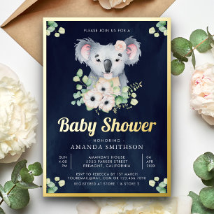Invitation En Aluminium Fille Koala Eucalyptus Floral Bleu Marine Baptême