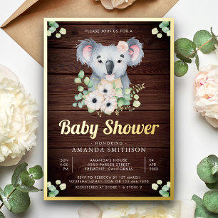 Invitation En Aluminium Fille Koala Eucalyptus Floral Bois Baby Shower Or