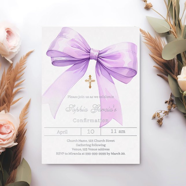 Invitation En Aluminium Fille lavande arc argent Confirmation (Créateur téléchargé)