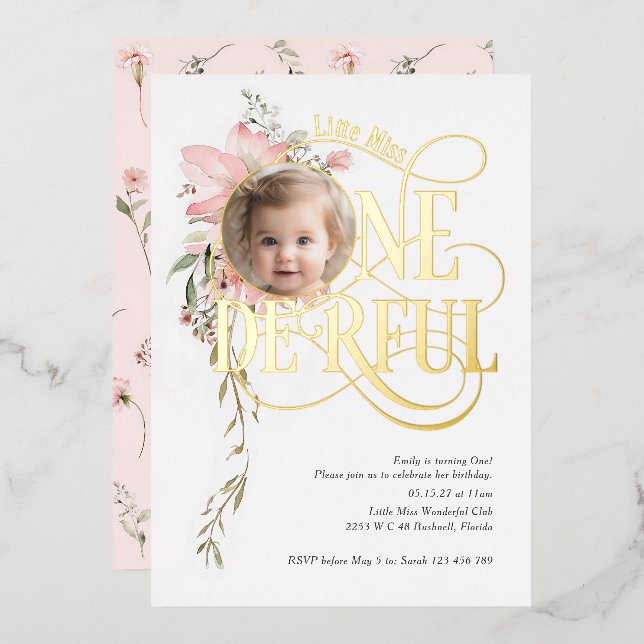 Invitation En Aluminium Fille magnifique 1er anniversaire Fleur sauvage ph (Recto/Verso)