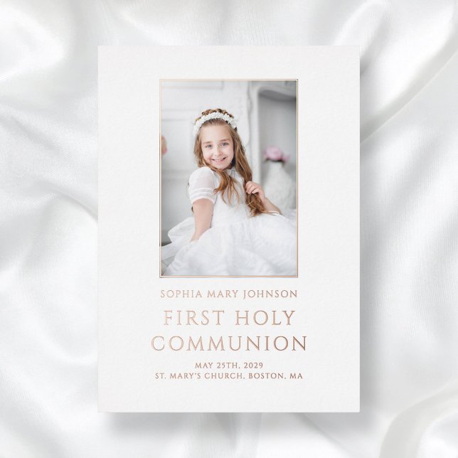 Invitation En Aluminium Fille Photo Première Sainte Communion Rose Or (Girl Photo First Holy Communion Rose Gold Foil Invitation)