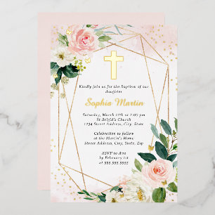 Invitation En Aluminium Fille Pink Gold Cross Floral Baptism