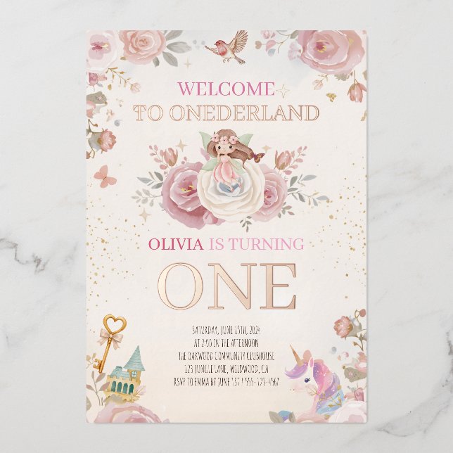 Invitation En Aluminium Fille premier anniversaire luxe floral Onederland (Recto)