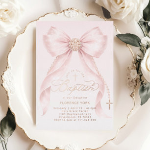 Invitation En Aluminium Fille Rose Foncé Doré Baptême Chrétien Ruban