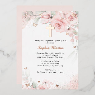 Invitation En Aluminium Fille Rose Pâle Rose Gold Croix Florale Baptême