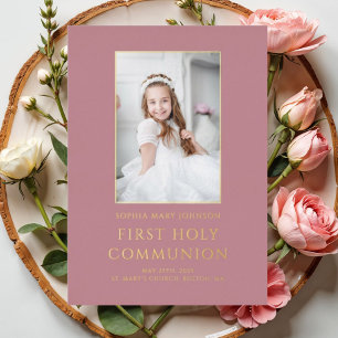 Invitation En Aluminium Fille rose photo Première communion or