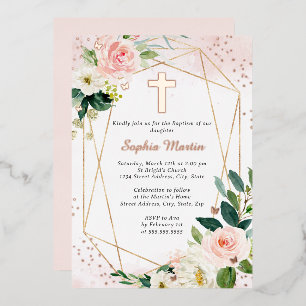 Invitation En Aluminium Fille Rose Rose Croix Or Baptême Floral